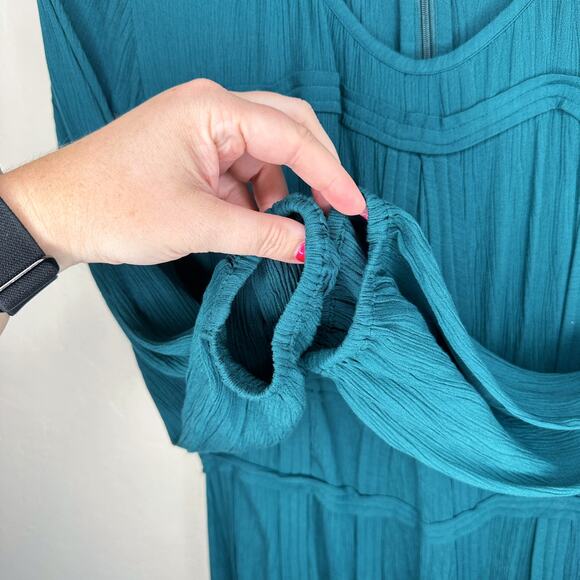 eShakti Wayward Fancies Rayon Crinkle Corset Style Teal Long Sleeve Midi Dress L - Picture 9 of 14